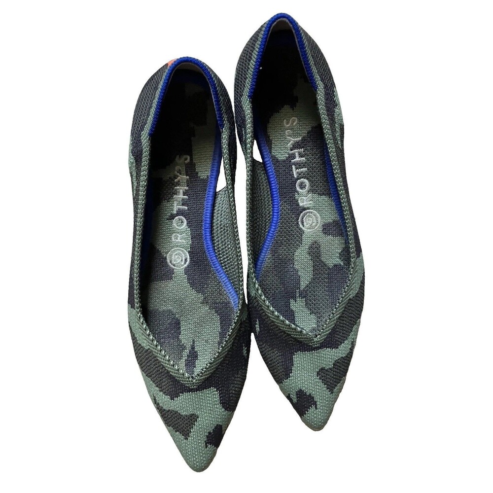 Rothy's The Point Olive Green Camo Ballet Flats Shoes Orange Stripe Size 8.5